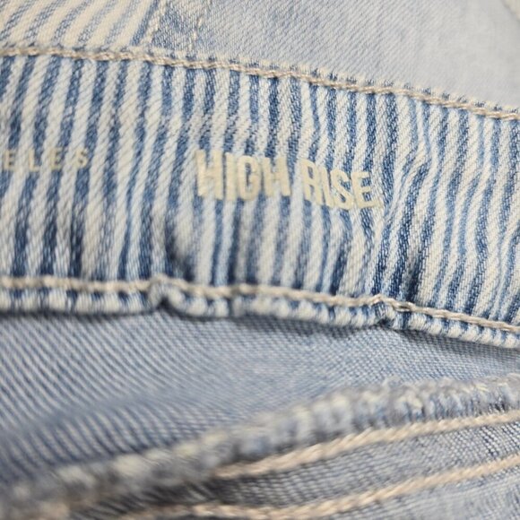 Rewash Blue Colorblock Pinstripe Acid Wash Raw Hem Cut off Denim Mom Shorts - Picture 6 of 7